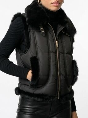 GUESS Black Down Puffer Vest Rabbit Fur Trim Hooded XS Y2K Glam Gold Hardware